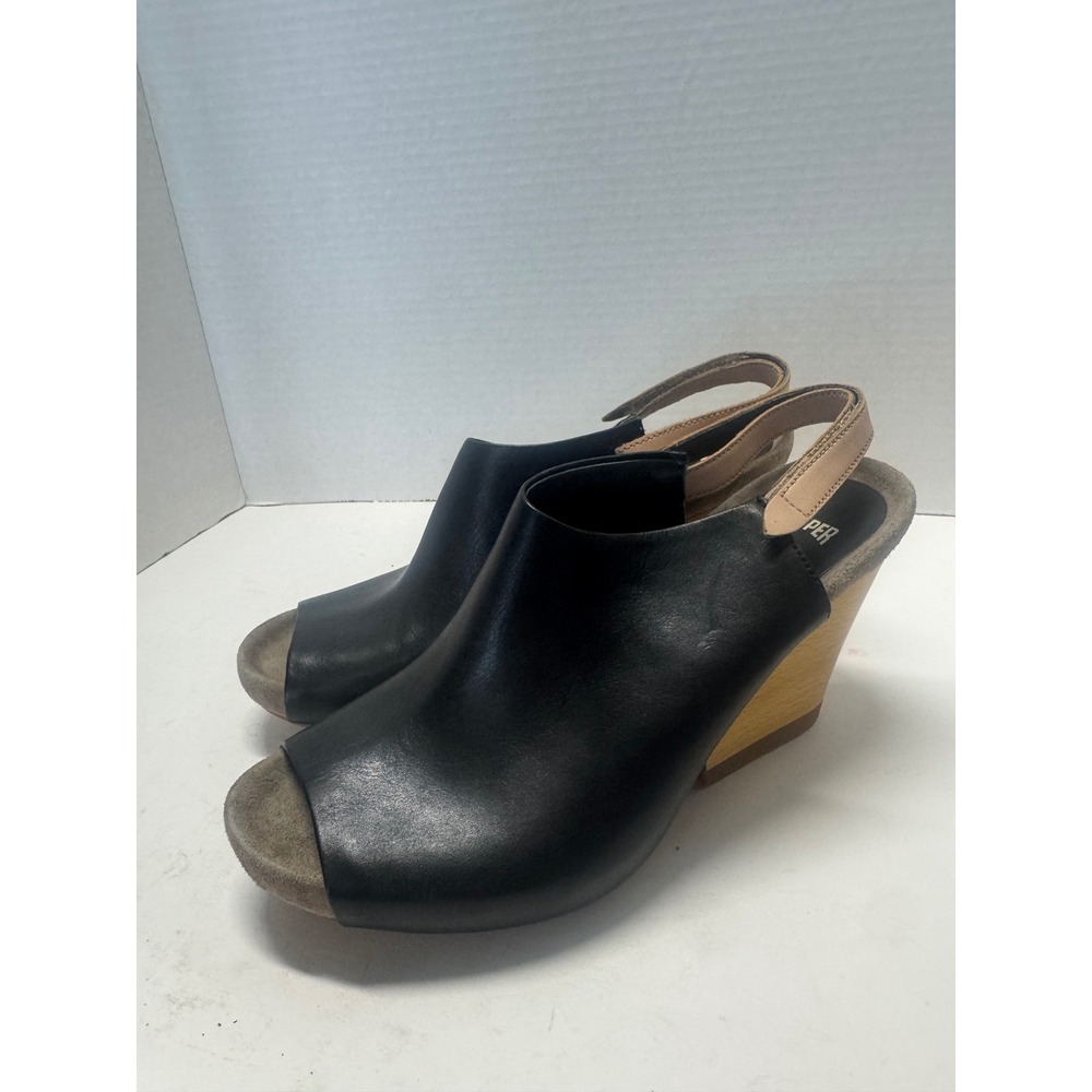 Camper Allegra Black Leather Peep Toe Slingback Wedge Sandals Size 39 8.5